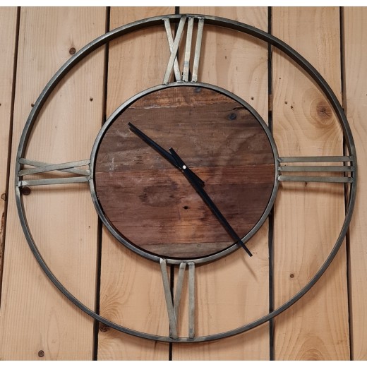 HORLOGE MURALE RONDE VIEUX BOIS METAL GM